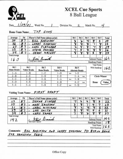 Scoresheet Examples | XCEL Cue Sports